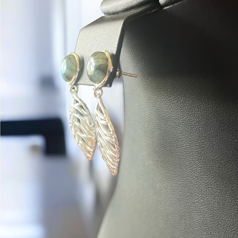 Labradorite Silver Leaf Earrings - Picture 3 of 4